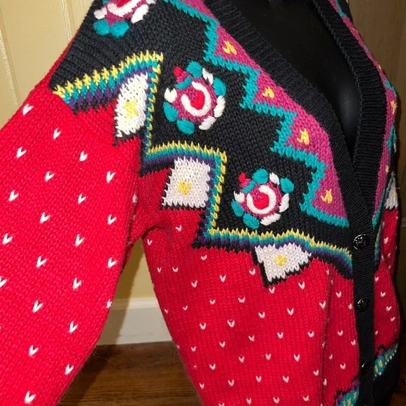 Complements 90s Retro Red Colorful Knit Button Up Cardigan Sweater Size S - Picture 7 of 14